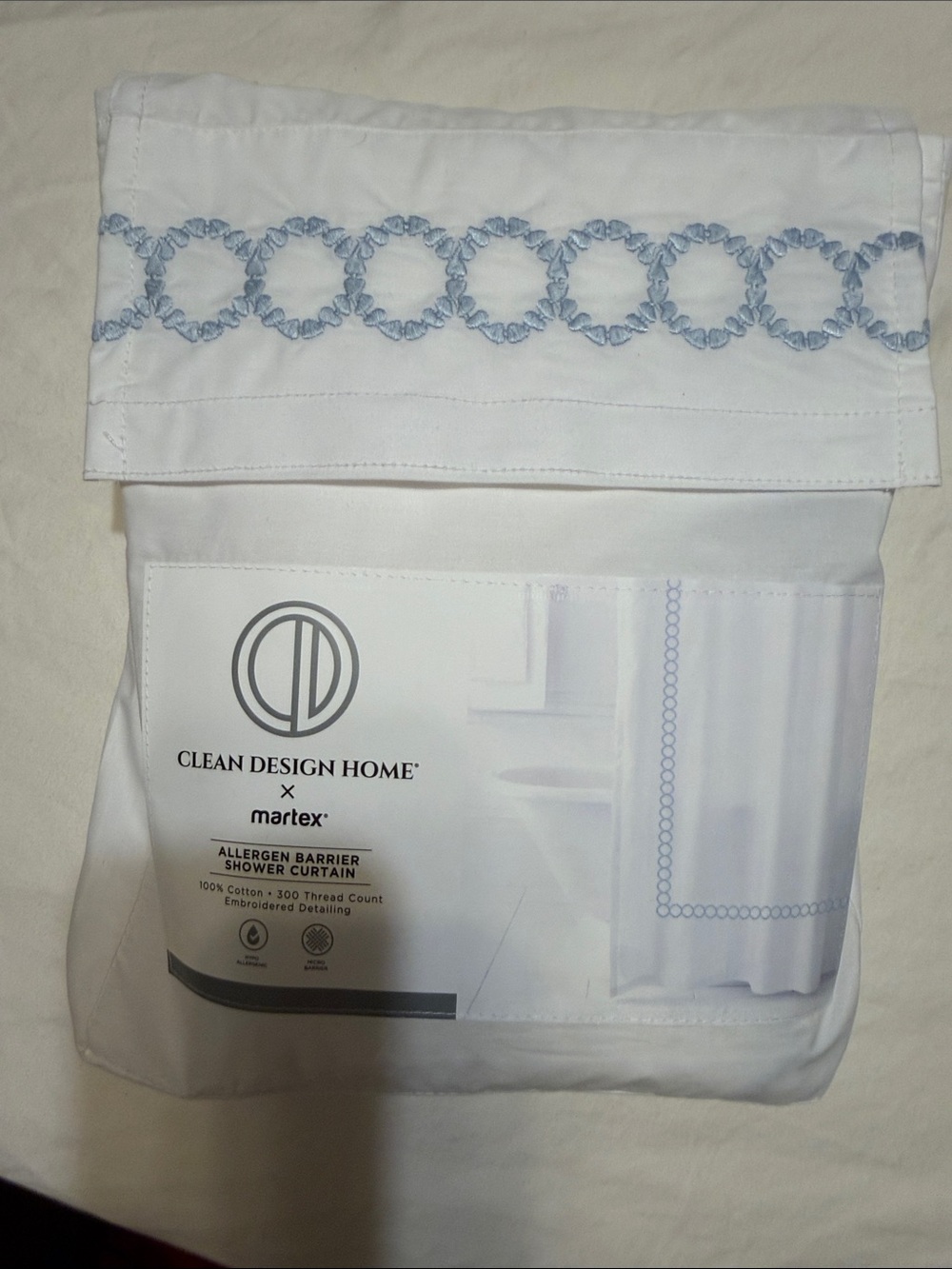 Clean Design Home x Martex White Shower Curtain with Light Blue Embroidery